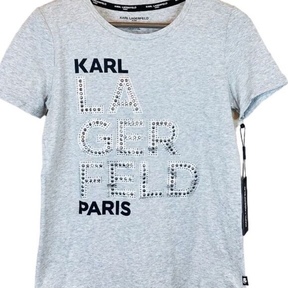 KARL LAGERFELD LADIES SHORT SLEEVE TEE SHIRT IN DOVE GREY SIZE XS NWT - Picture 1 of 5